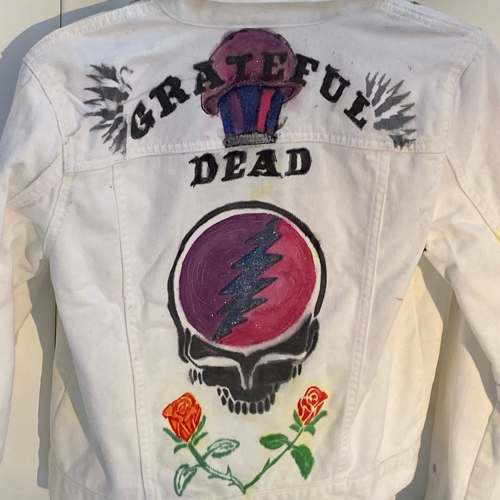 One of a kind Grateful Dead Painted white denim jacket bears steallie face roses